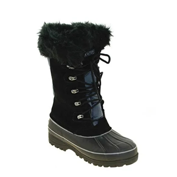 Black Leather Waterproof Womens Sz 9M Faux Fur Trim Lace Boots Khombu Nordic 2 - Picture 2 of 8